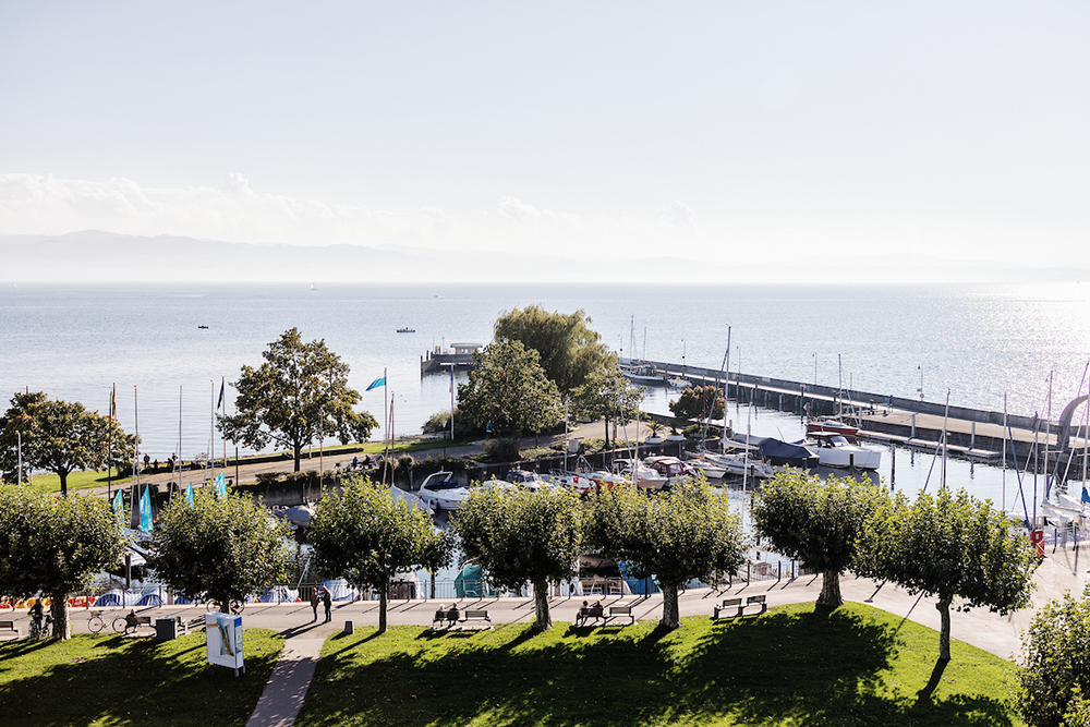 Sunny view of a small marina on Lake Constance with promenade and calm water.
