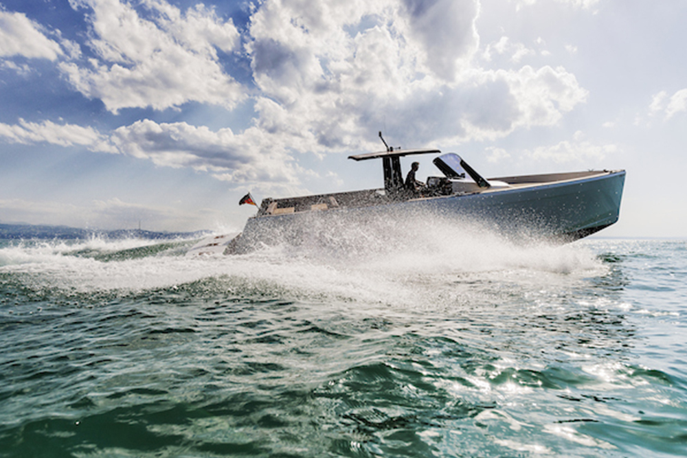 Luxury motorboat on the lake during a romantic break for couples